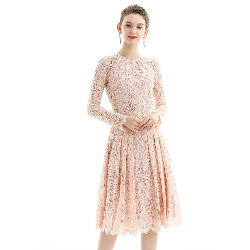 D080 Women floral scallop lace long sleeves flared pleated party midi dress