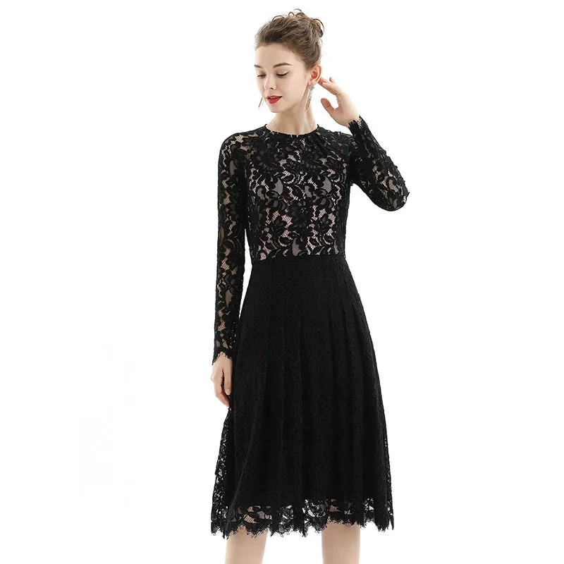 D080 Women floral scallop lace long sleeves flared pleated party midi dress