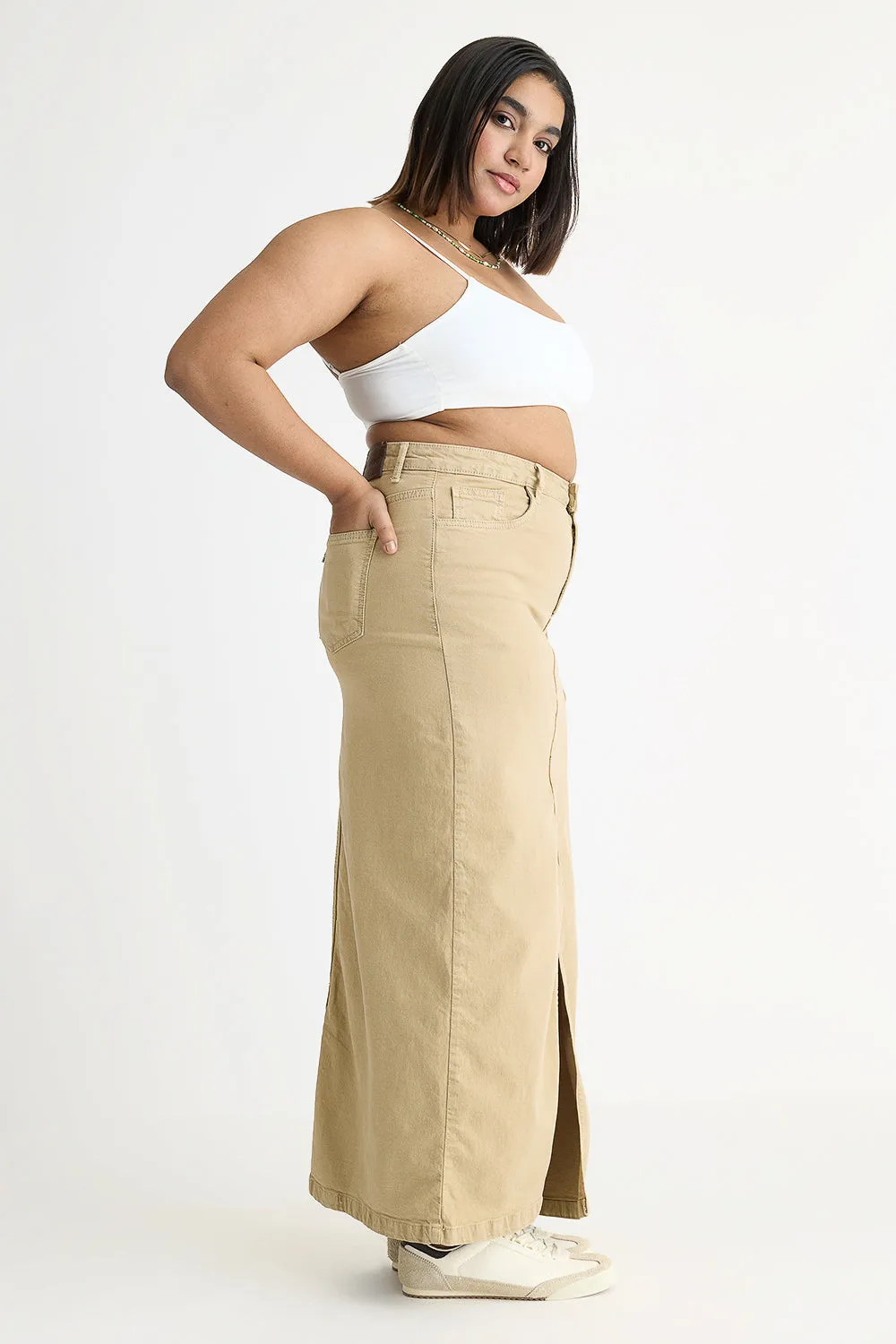 Denim Earthy Beige Slit Midi Skirt