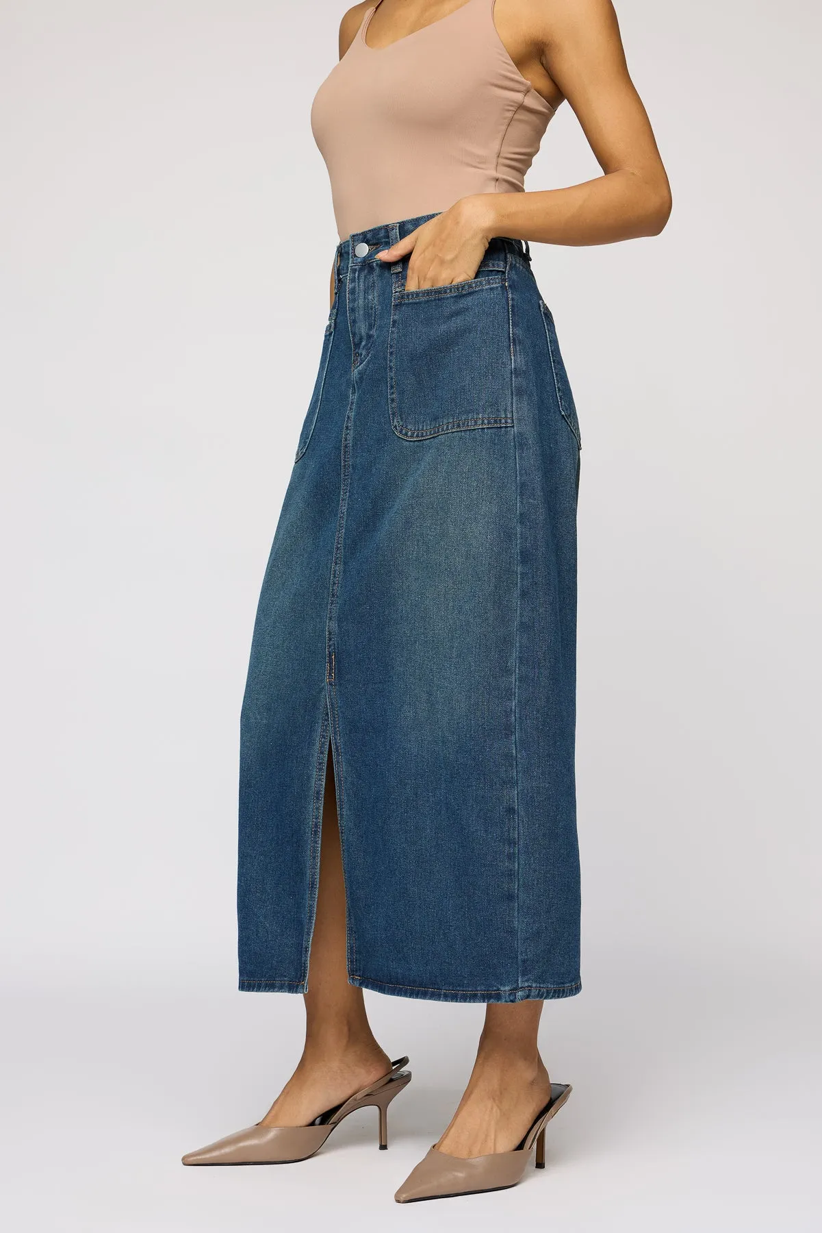 Eden Blue Front Slit Denim Midi Skirt