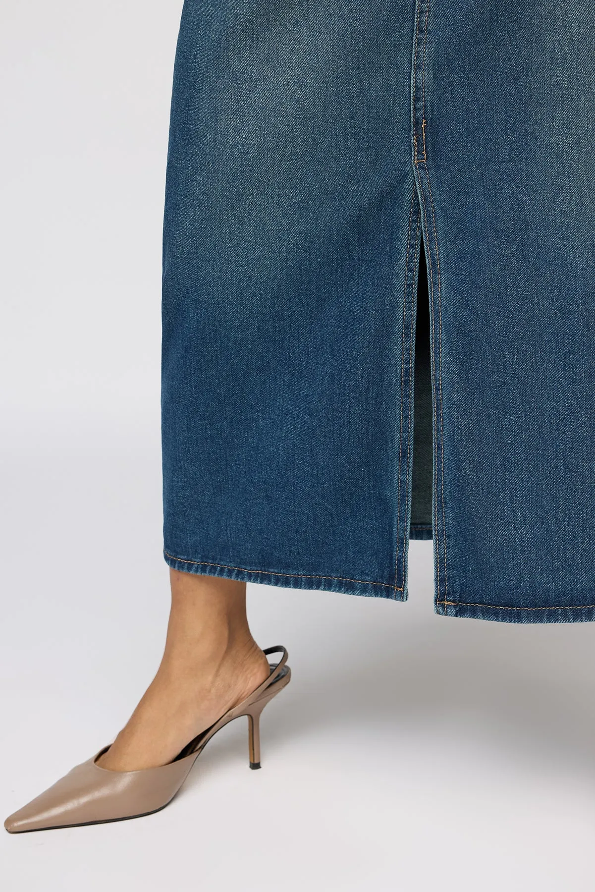 Eden Blue Front Slit Denim Midi Skirt