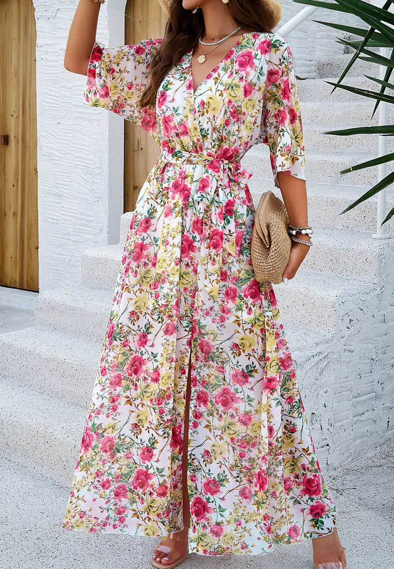 Elegant Printed Cinched Waist Maxi Dress