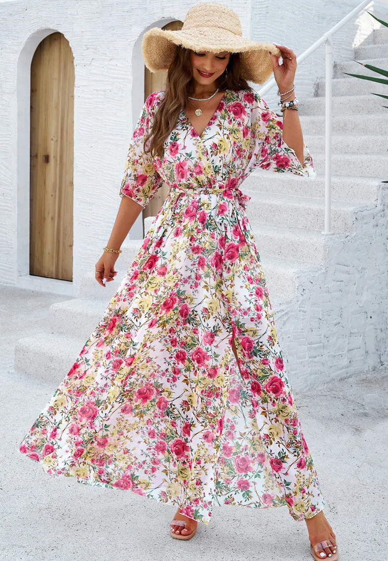 Elegant Printed Cinched Waist Maxi Dress