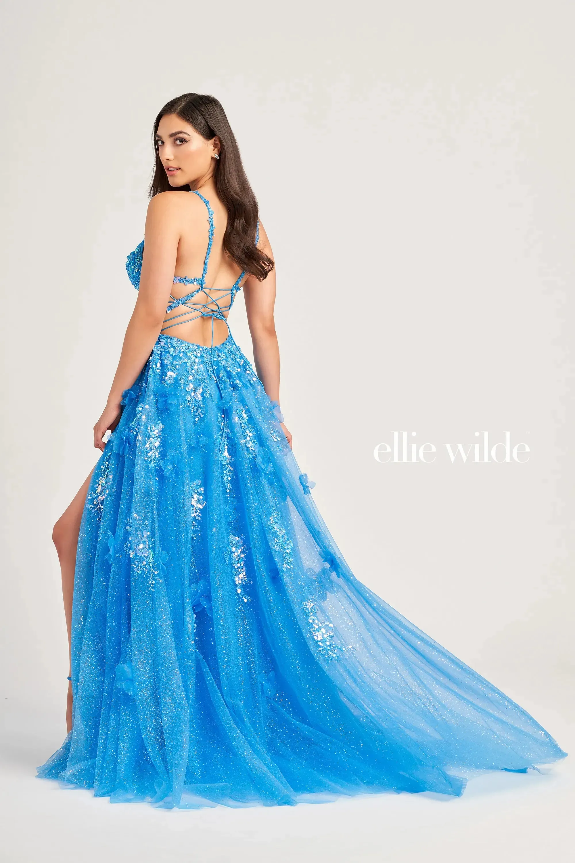 Ellie Wilde EW35047 Sheer Sequin A Line Backless Prom Dress Lace Slit Corset Formal Gown