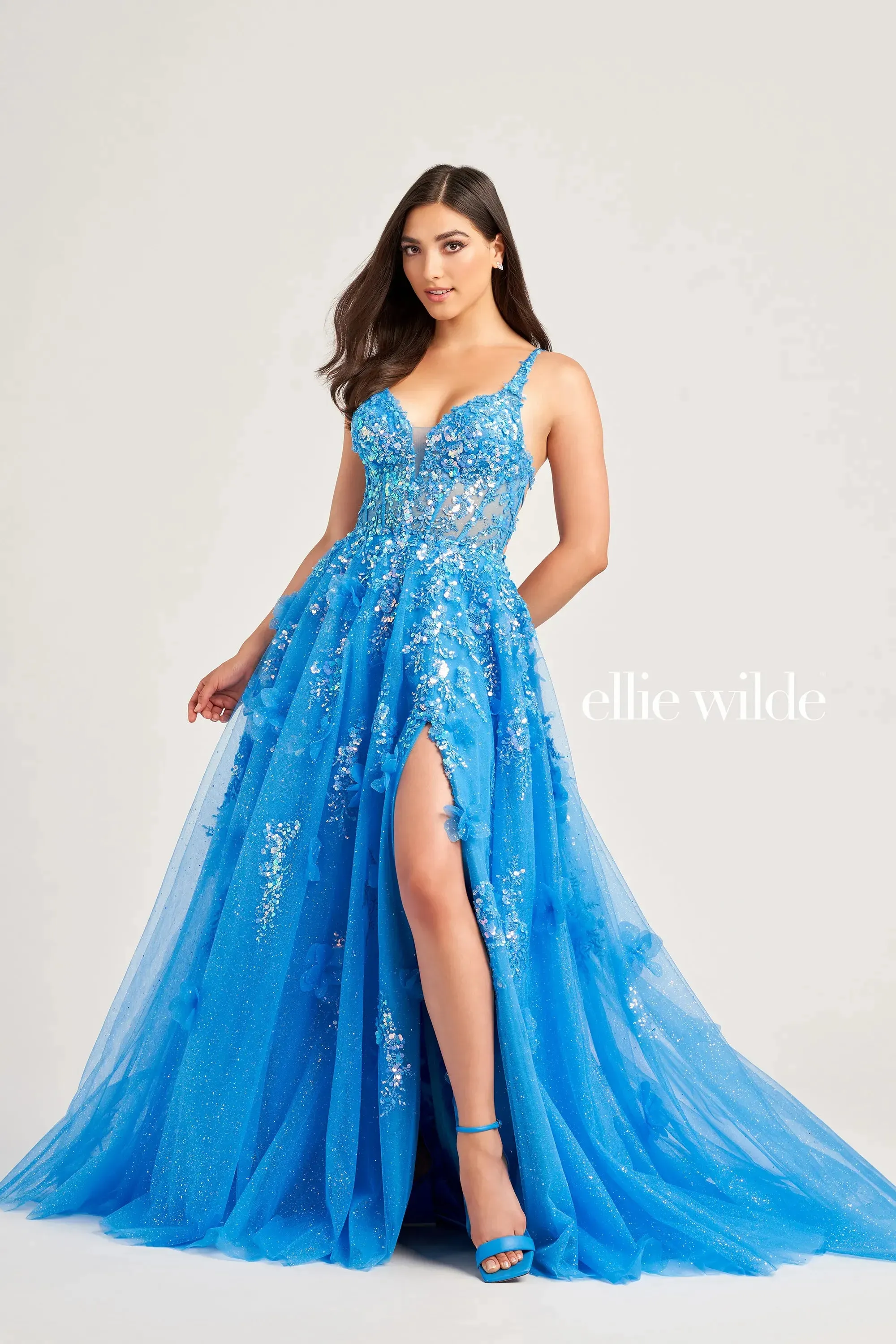 Ellie Wilde EW35047 Sheer Sequin A Line Backless Prom Dress Lace Slit Corset Formal Gown