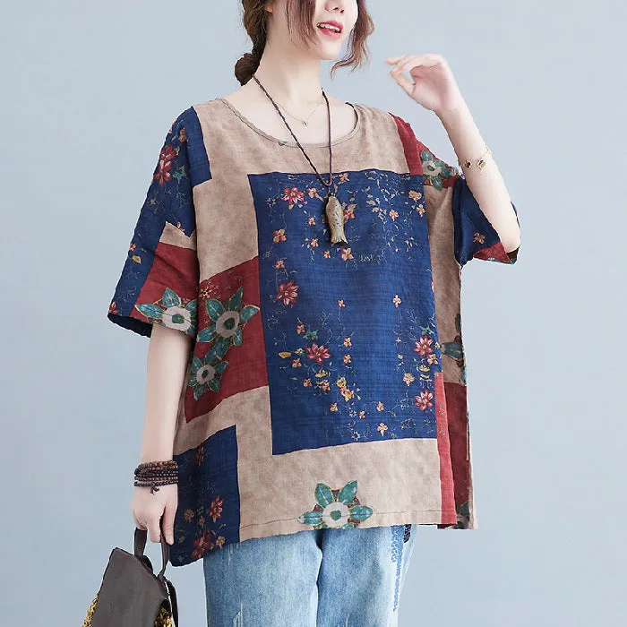 Ethnic Style Loose Round Neck Print Short Sleeve T-shirt