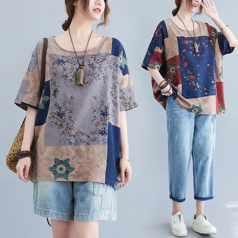 Ethnic Style Loose Round Neck Print Short Sleeve T-shirt