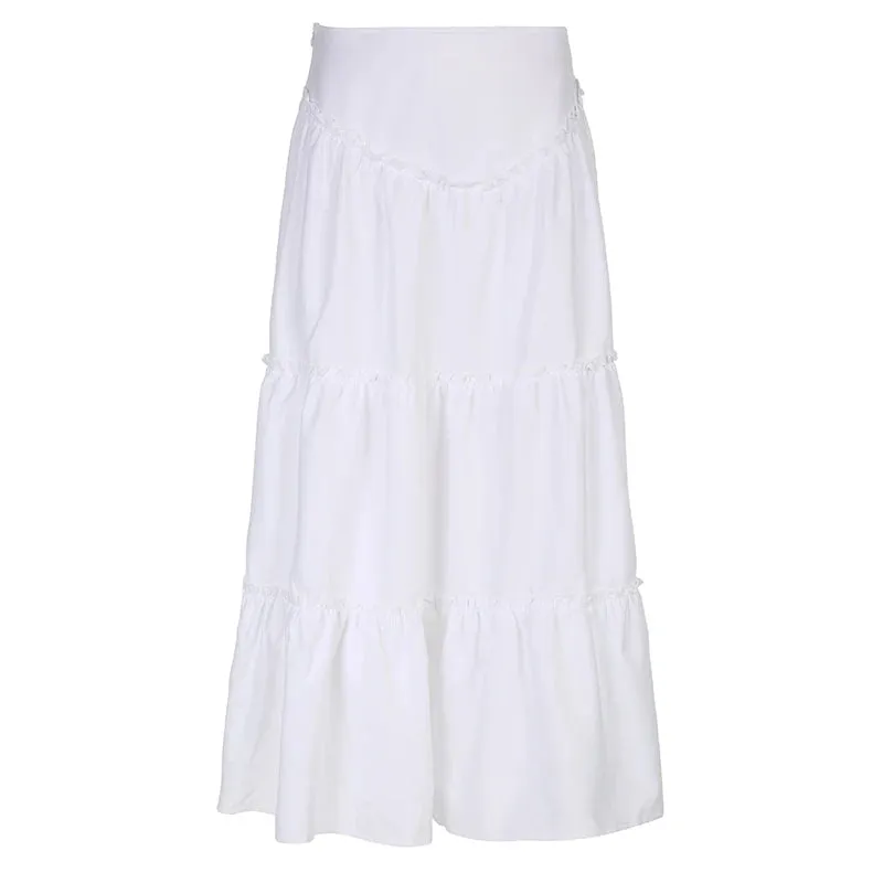 Fashion Boho White Fold Maxi Skirt A-Line Loose Korean Fashion Holidays Ruched Women Long Skirts French Chic Outfits