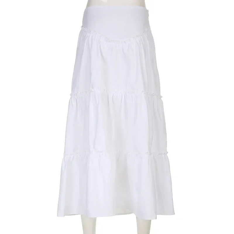 Fashion Boho White Fold Maxi Skirt A-Line Loose Korean Fashion Holidays Ruched Women Long Skirts French Chic Outfits