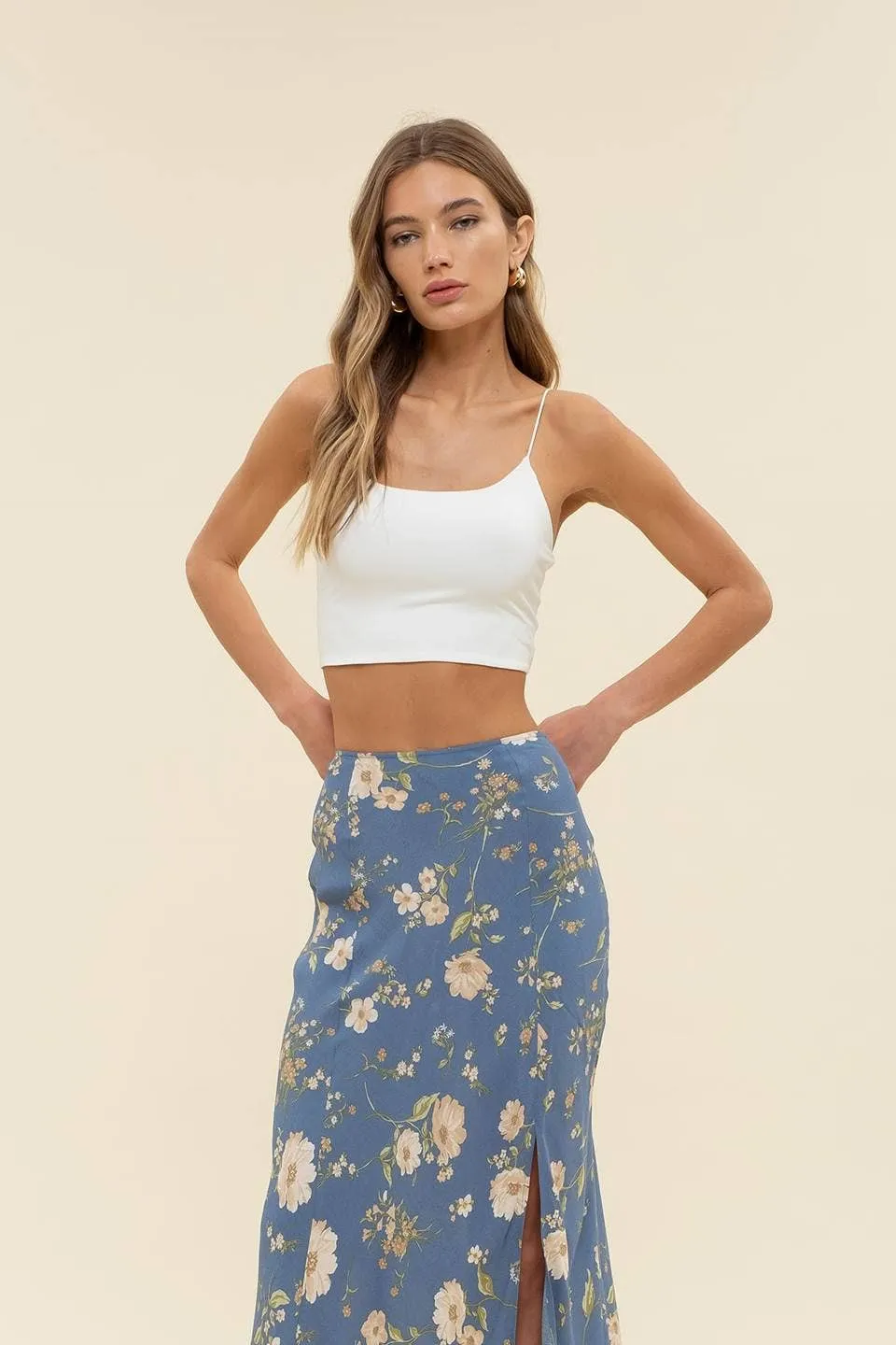 FLORAL HIGH WAIST SIDE SLIT BIAS MIDI SKIRT