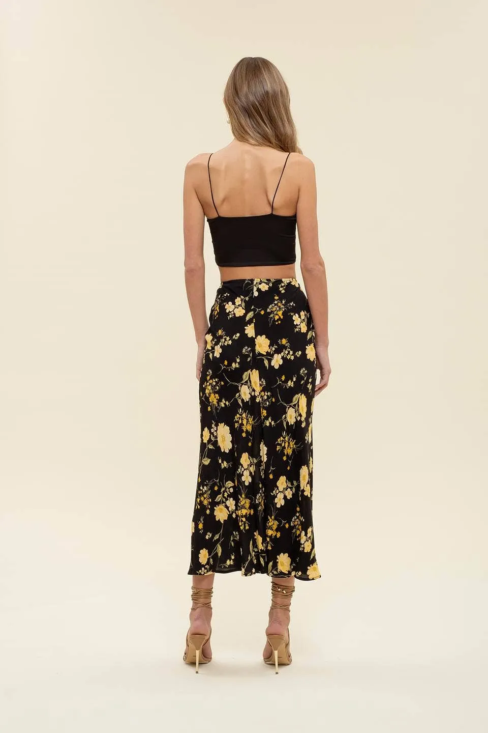 FLORAL HIGH WAIST SIDE SLIT BIAS MIDI SKIRT