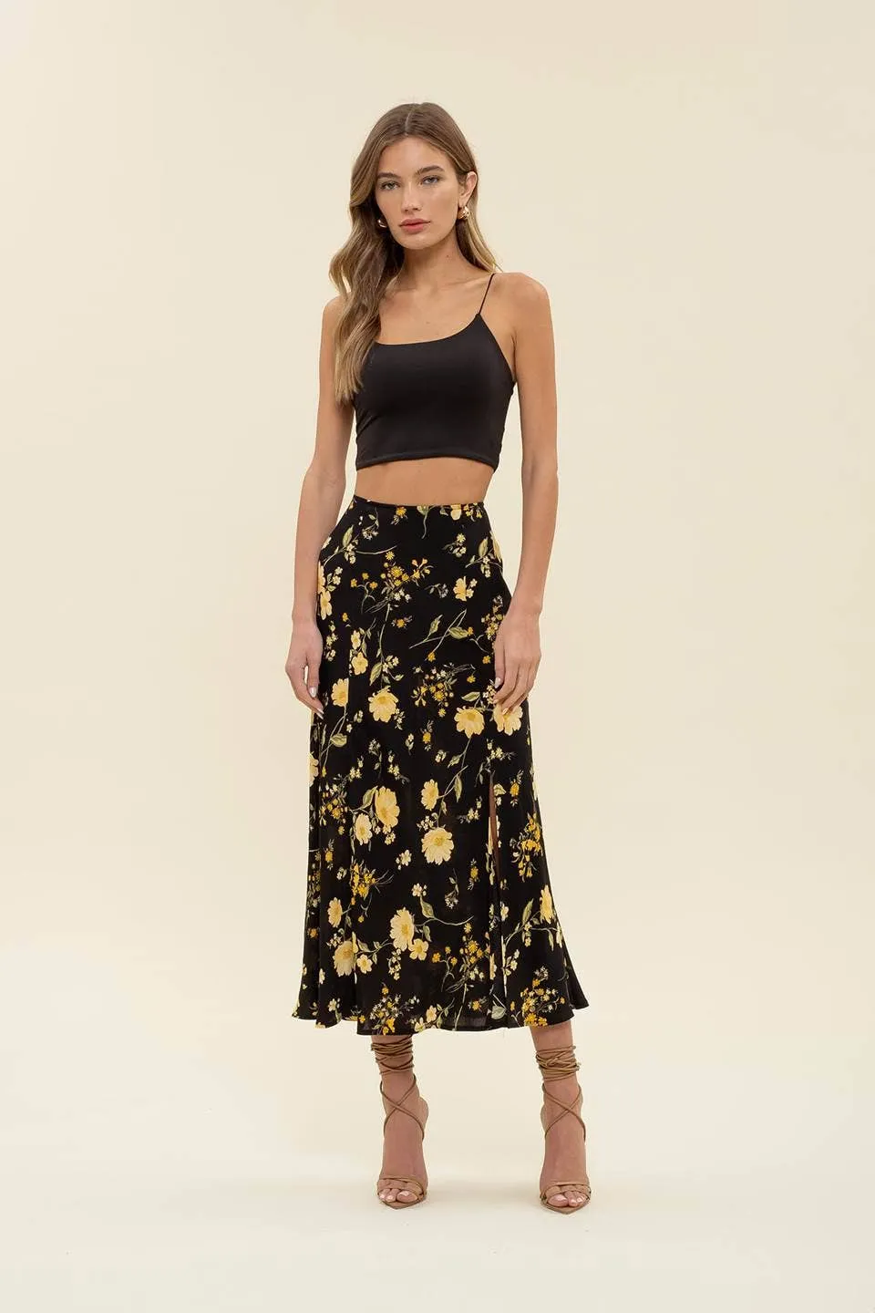 FLORAL HIGH WAIST SIDE SLIT BIAS MIDI SKIRT