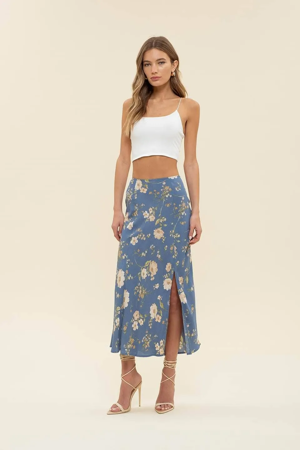 FLORAL HIGH WAIST SIDE SLIT BIAS MIDI SKIRT