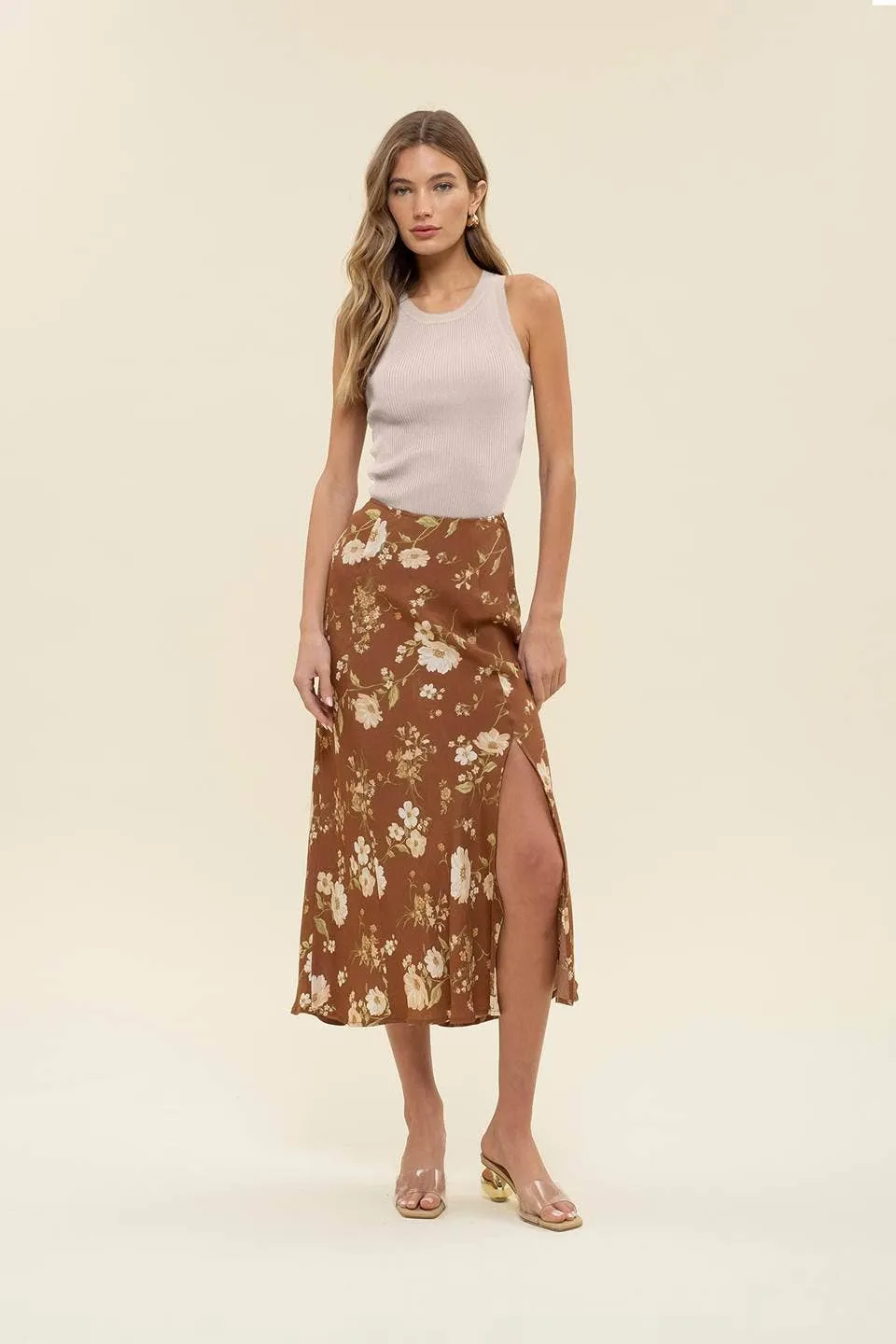 FLORAL HIGH WAIST SIDE SLIT BIAS MIDI SKIRT