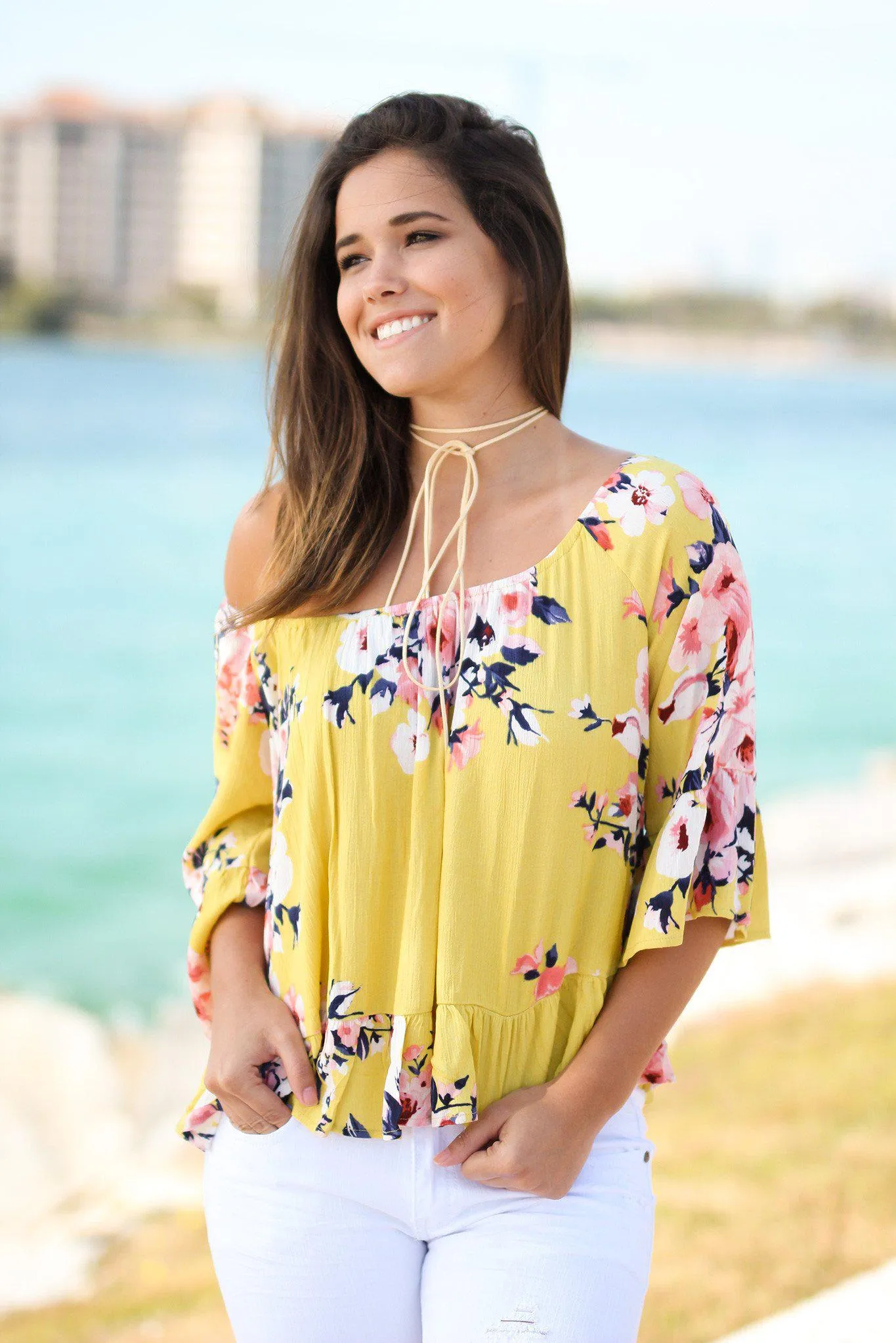 Floral Mustard Off Shoulder Top