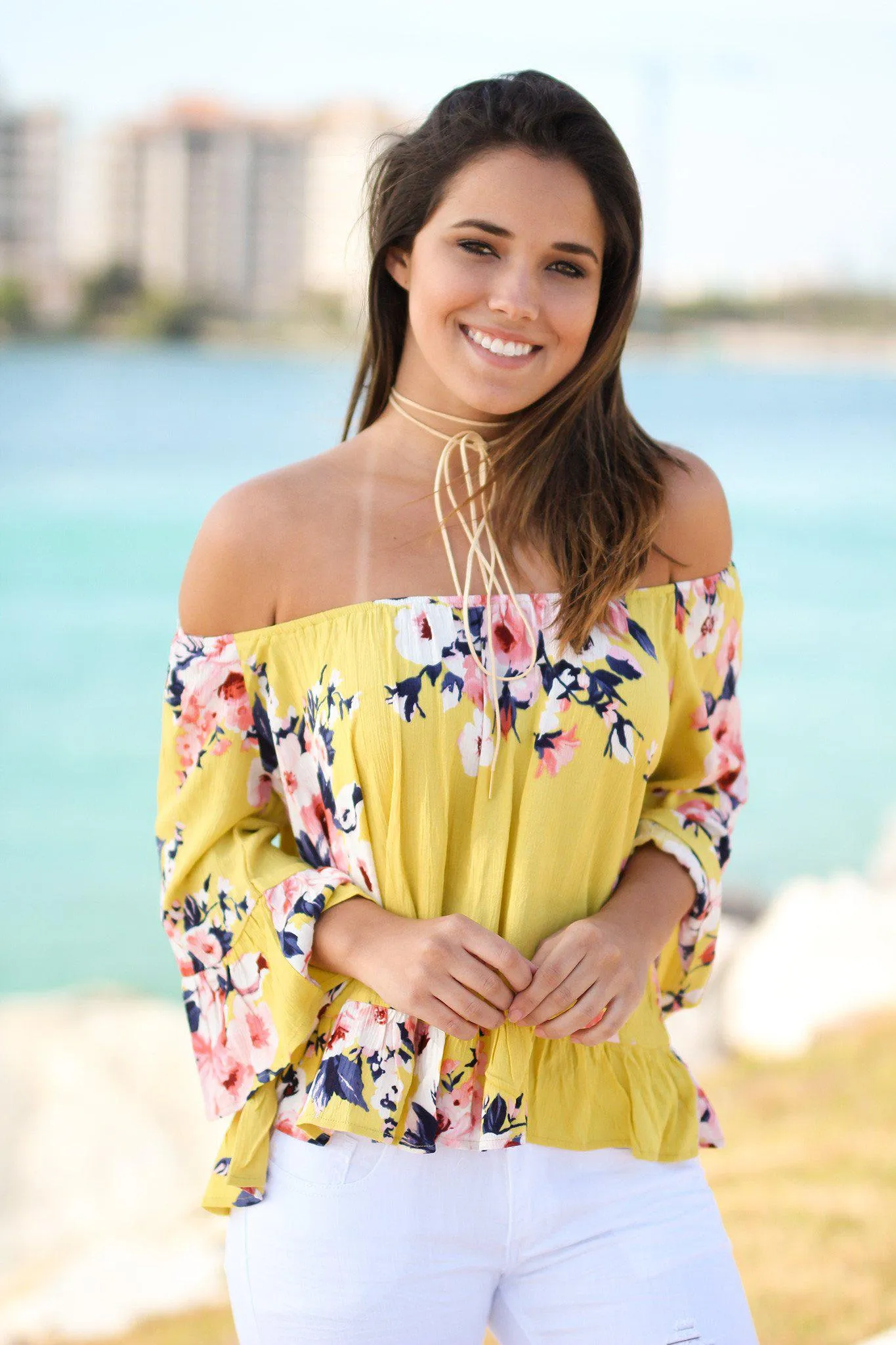 Floral Mustard Off Shoulder Top