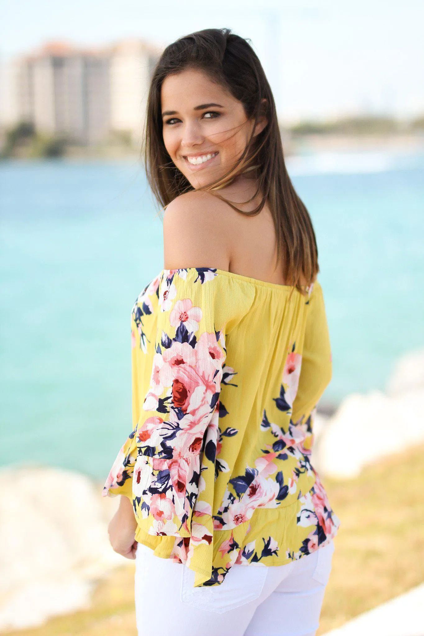 Floral Mustard Off Shoulder Top