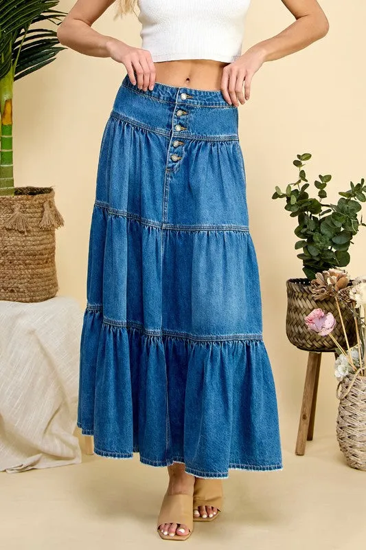 Front Button 3 tiered Denim Skirt