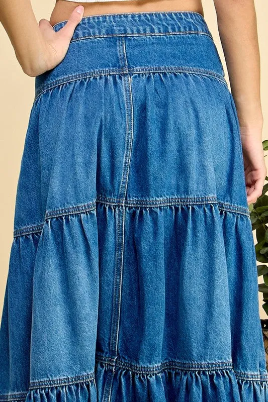 Front Button 3 tiered Denim Skirt