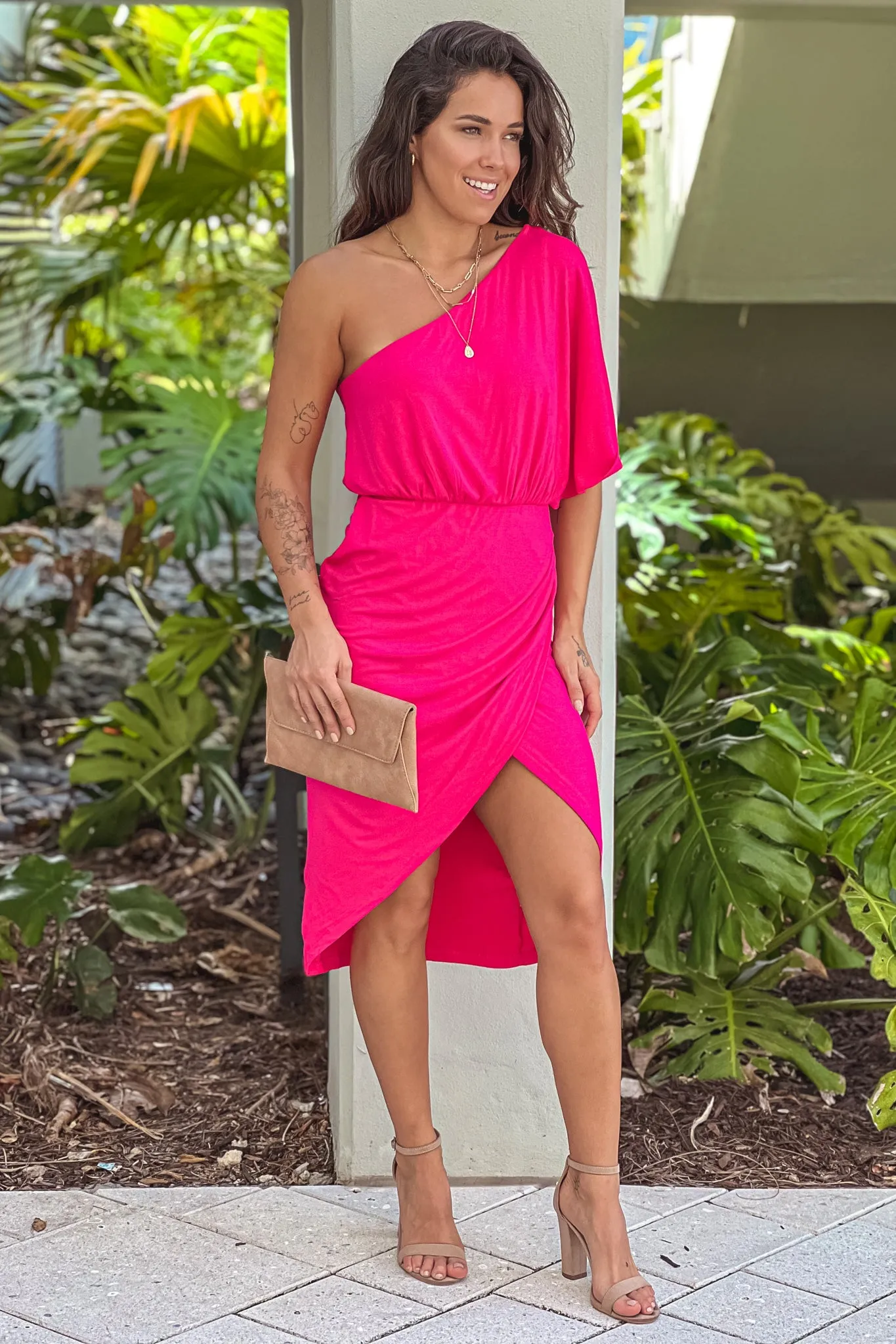 Fuchsia One Shoulder Dress