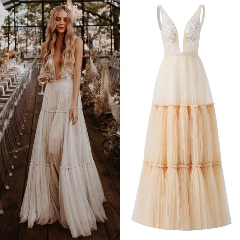 Garden Party Boho Deep V Neck Sleeveless Tulle Lace Wedding Bridal Gown