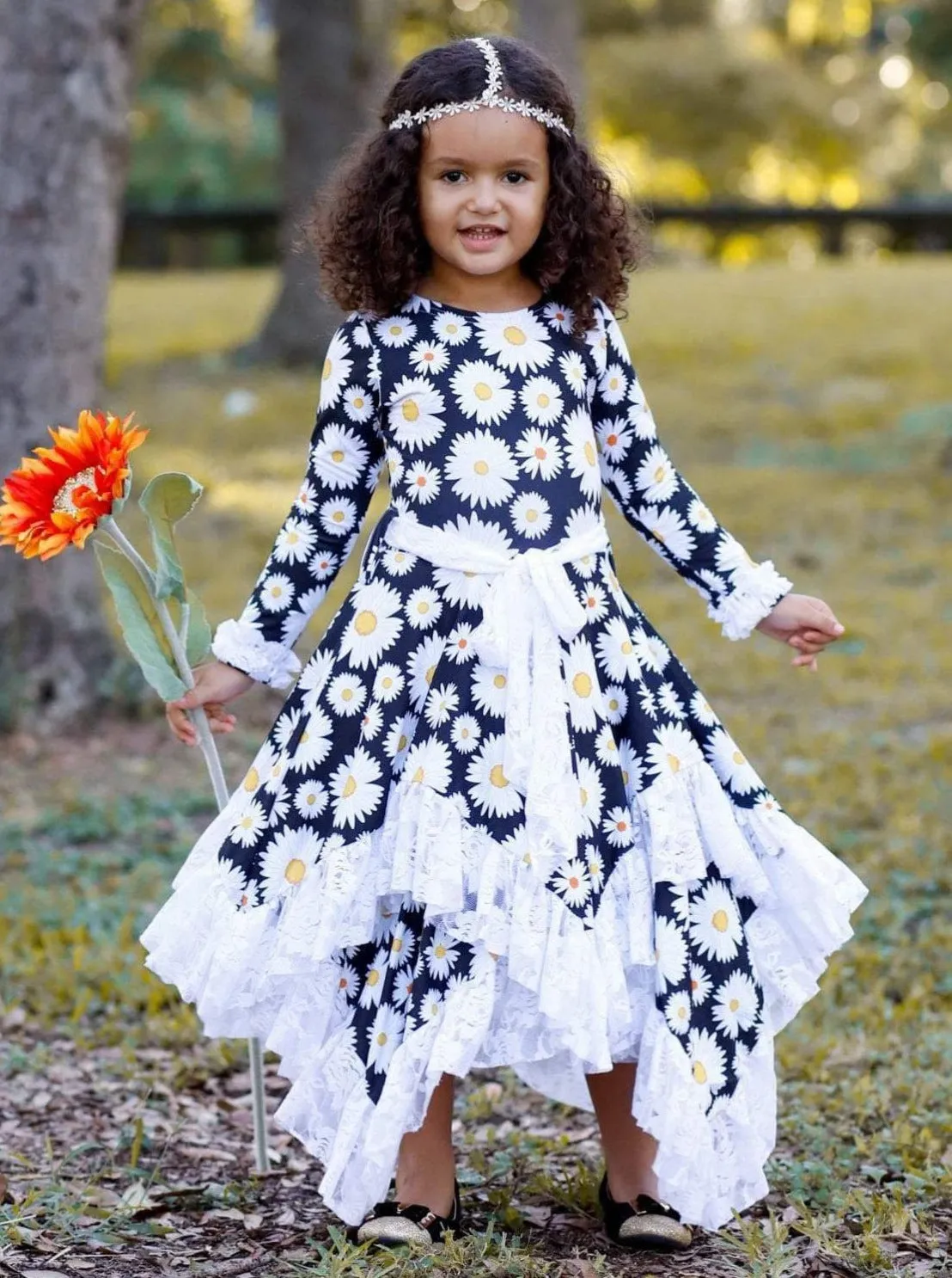 Girls Double Layer Handkerchief Dress with Lace Ruffles