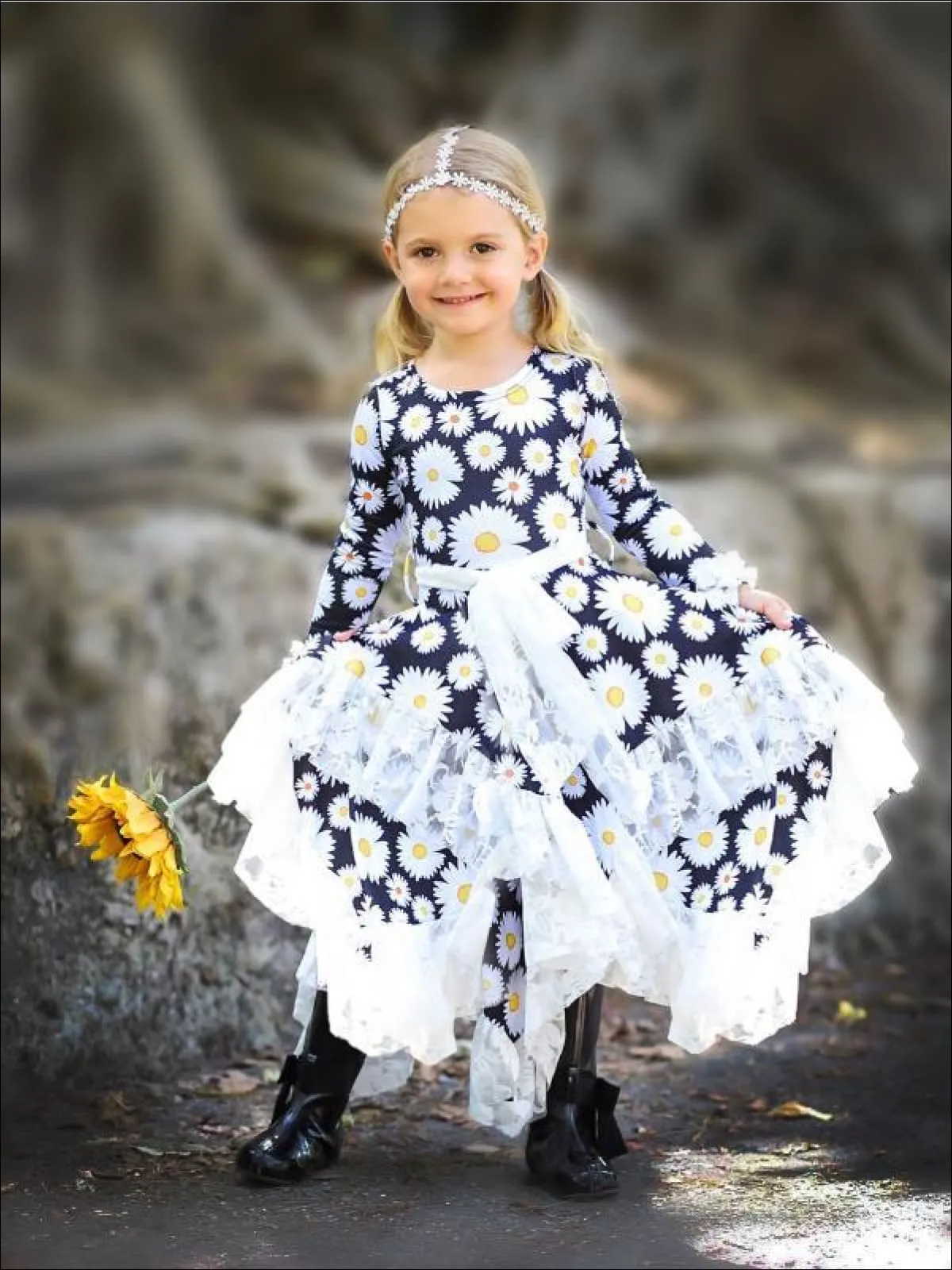 Girls Double Layer Handkerchief Dress with Lace Ruffles