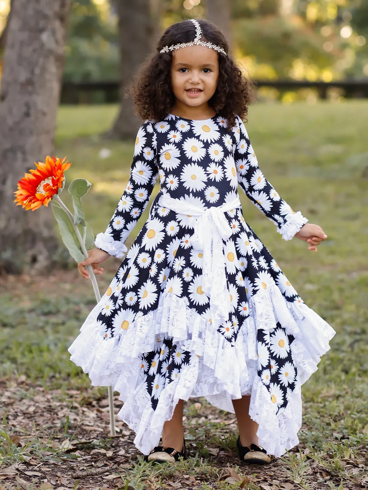 Girls Double Layer Handkerchief Dress with Lace Ruffles