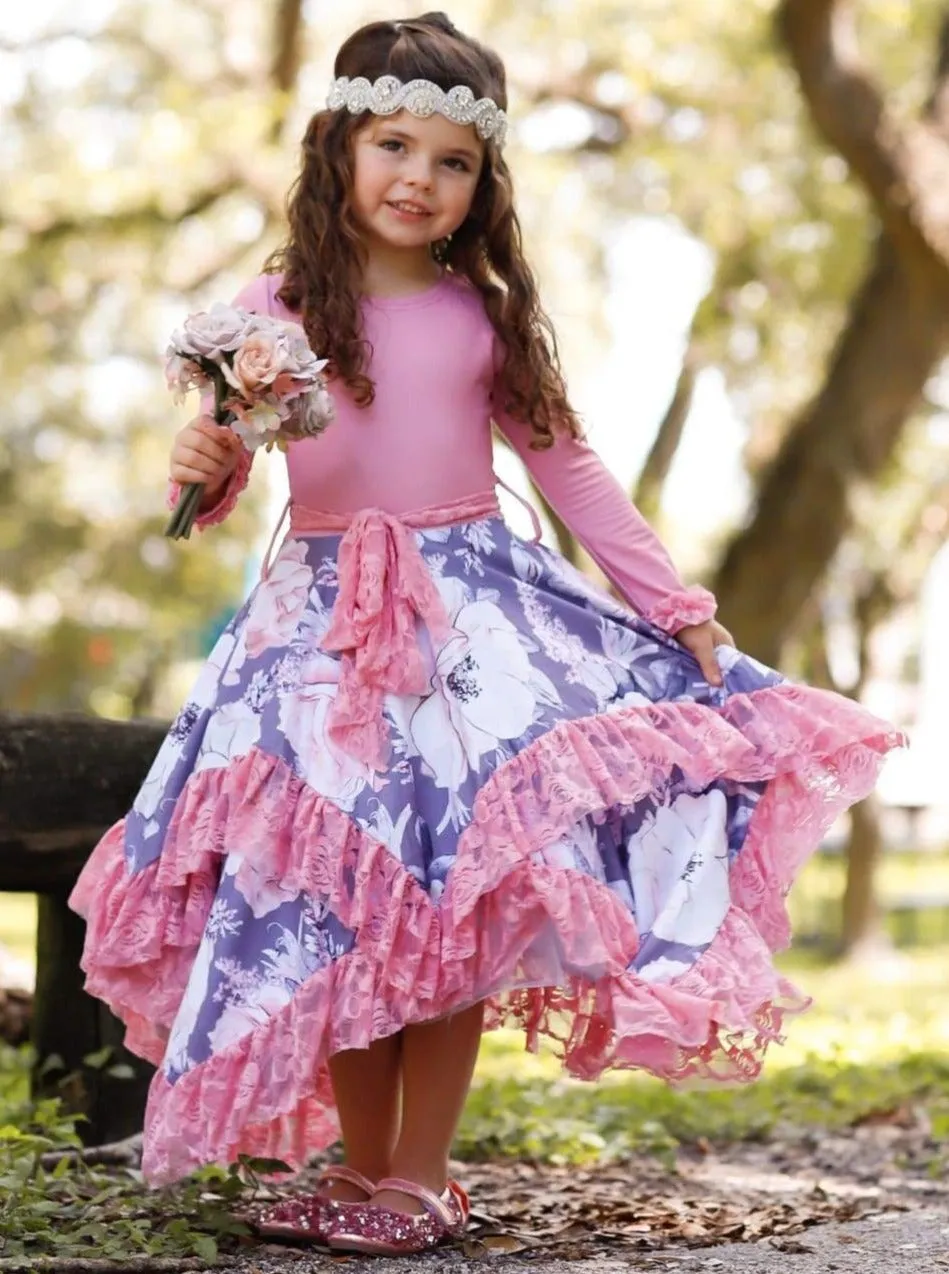 Girls Double Layer Handkerchief Dress with Lace Ruffles