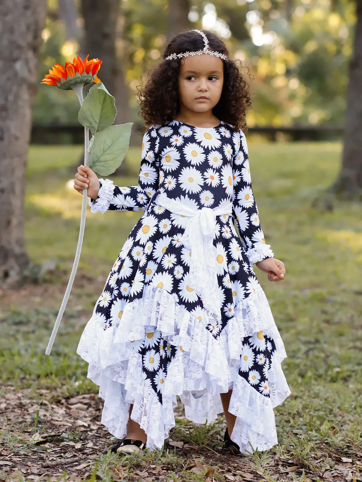 Girls Double Layer Handkerchief Dress with Lace Ruffles