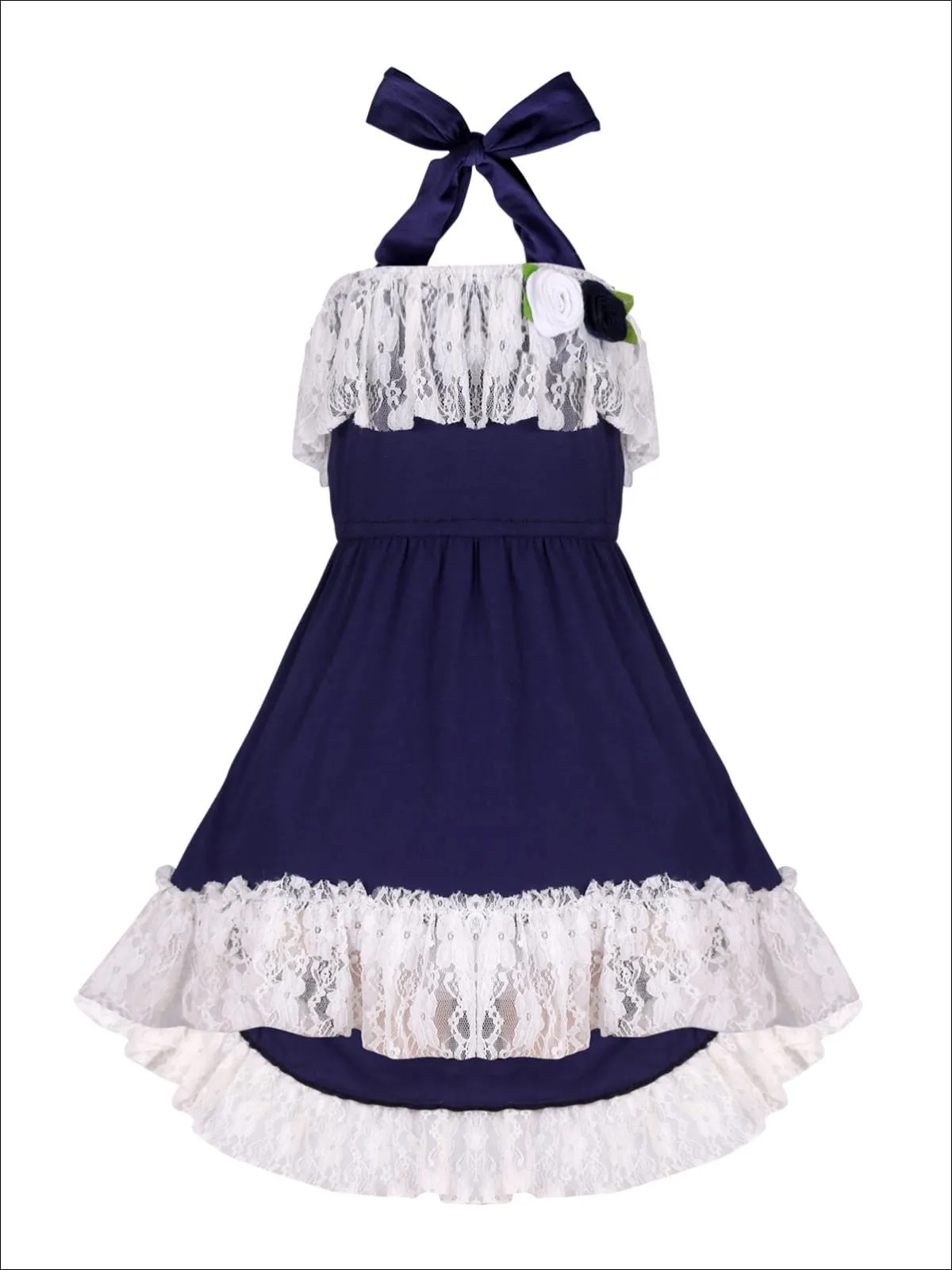 Girls Lace Ruffled Hi-Lo Elastic Waist Halter Neck Dress