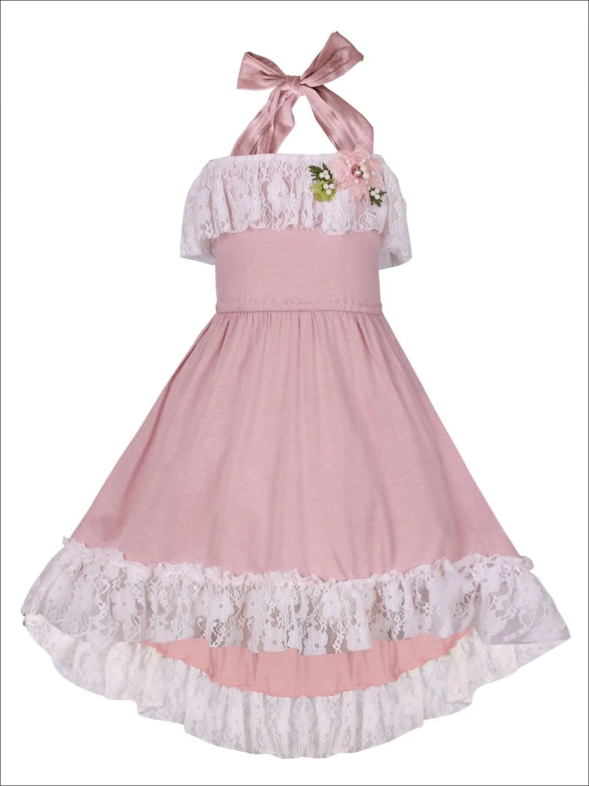 Girls Lace Ruffled Hi-Lo Elastic Waist Halter Neck Dress