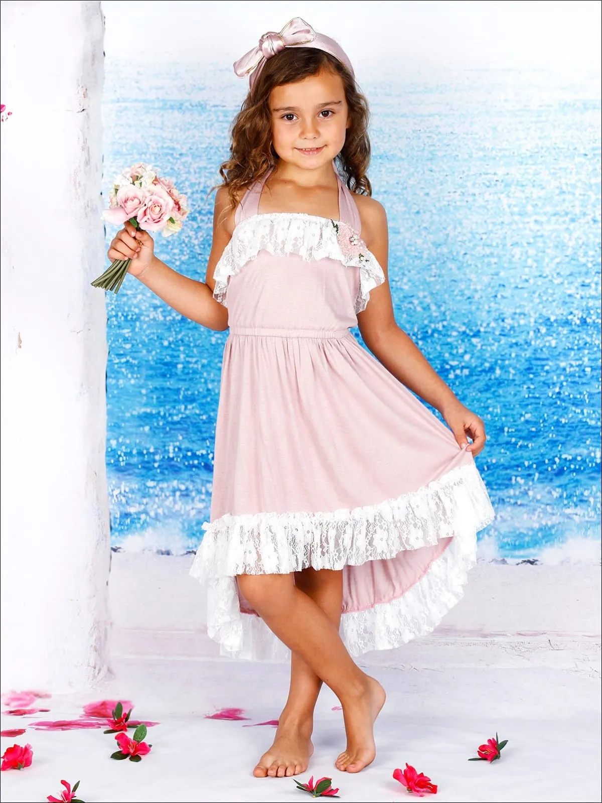 Girls Lace Ruffled Hi-Lo Elastic Waist Halter Neck Dress