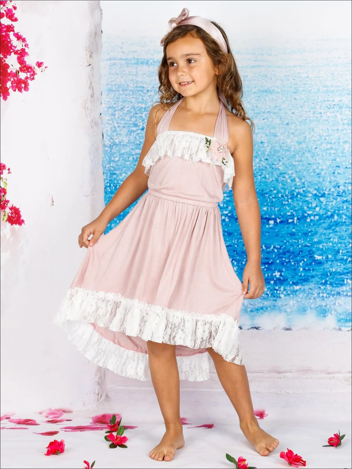 Girls Lace Ruffled Hi-Lo Elastic Waist Halter Neck Dress