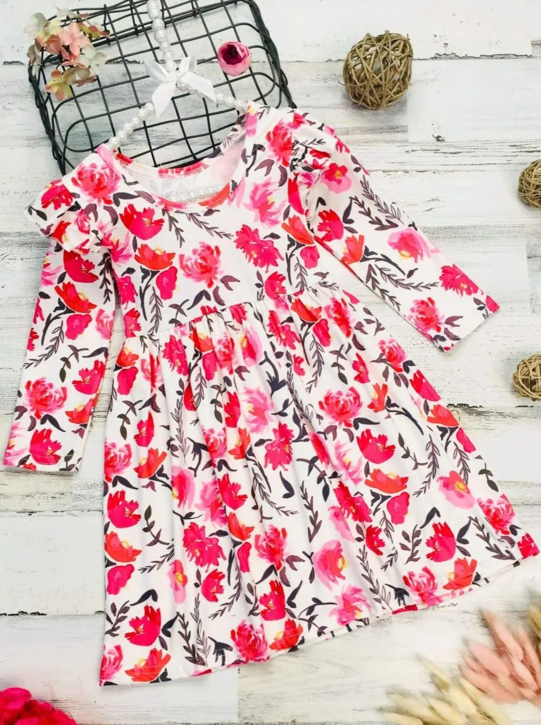 Girls Long Sleeve Ruffled Shoulders Floral Dress