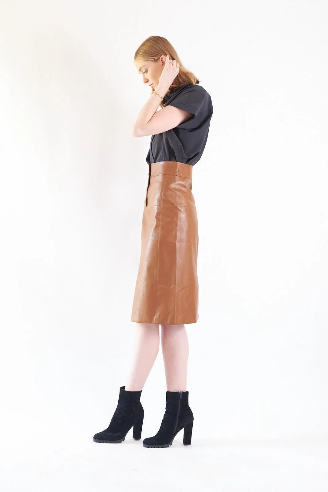 Glossy Brown Vegan Leather Pencil Skirt