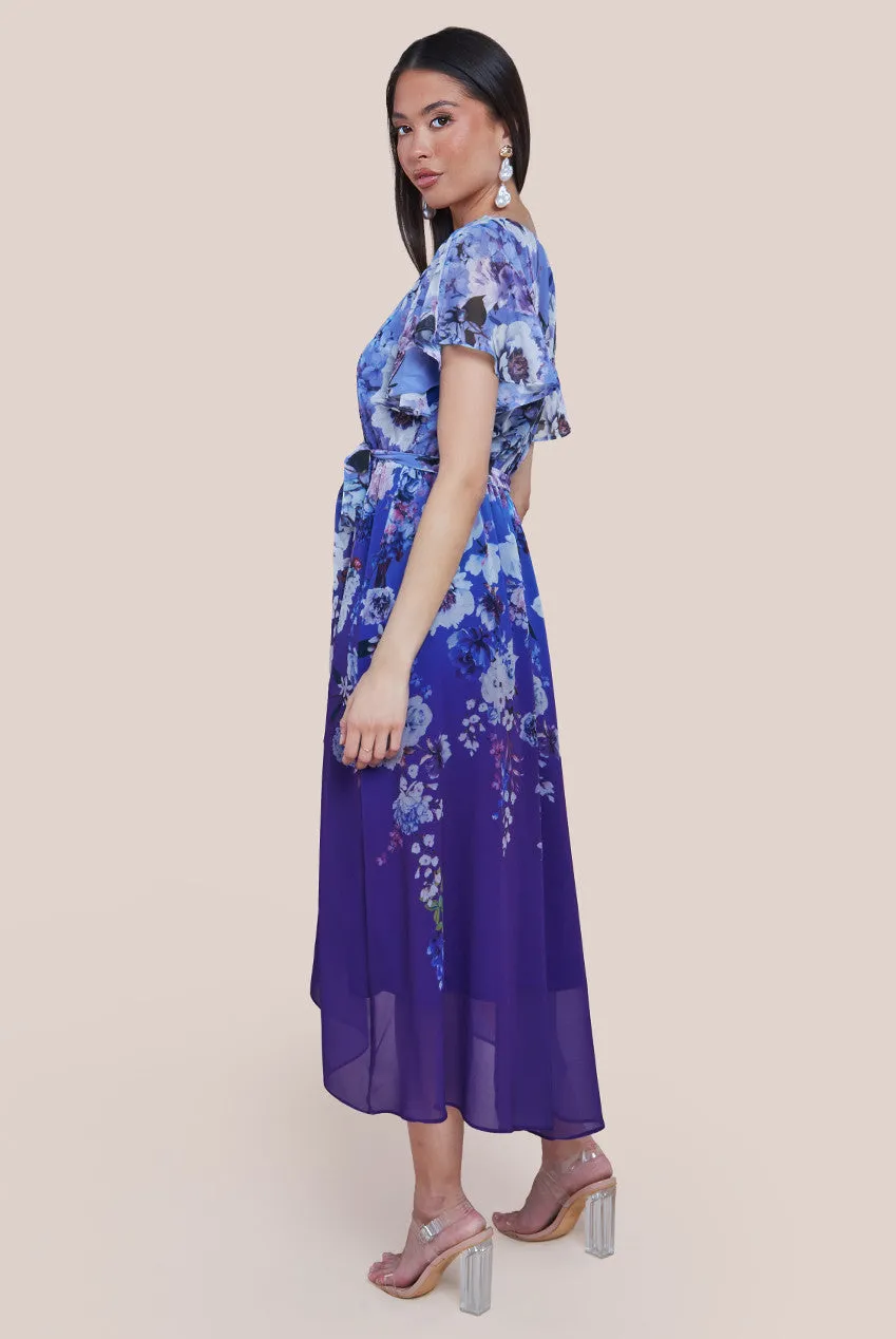 Goddiva Flutter Sleeve A-Line Chiffon Floral Printed Midi Dress - Royal Blue