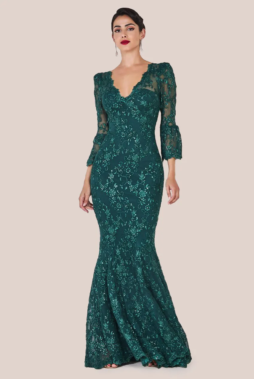 Goddiva Scalloped Lace Maxi Dress - Emerald Green