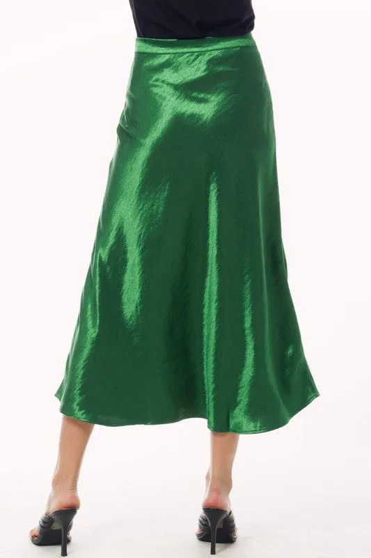 Green Satin Midi A Line Slip Skirt