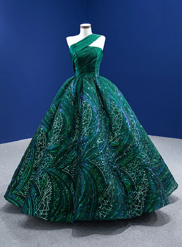 Green Sequins Satin One Shoulder Pleats Prom Dress