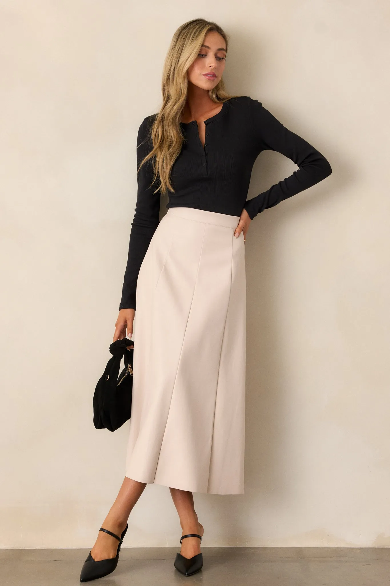 Harvested Hues Ecru Beige Faux Leather Midi Skirt