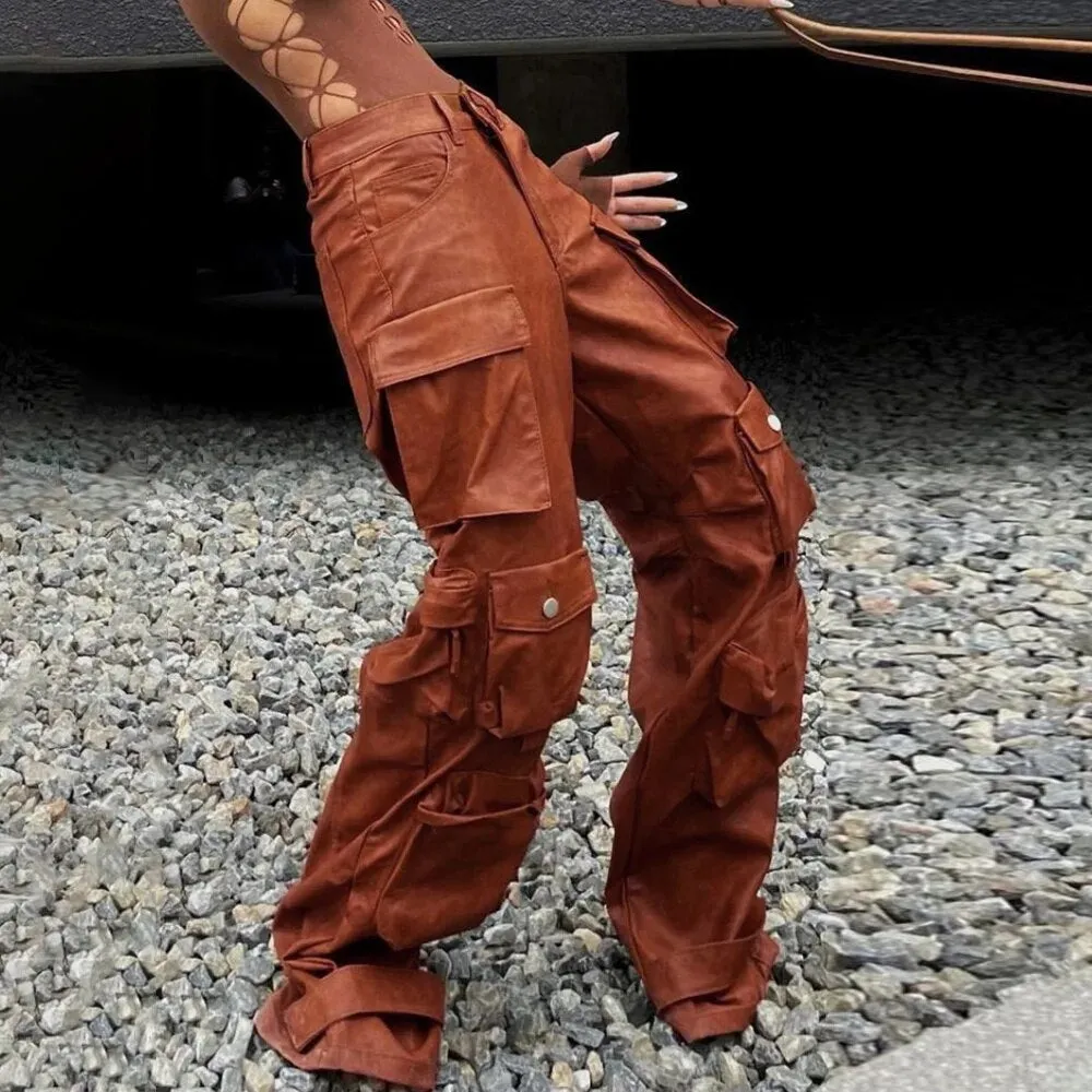 HEYFANCYSTYLE Haute Couture Leather Cargo Pants