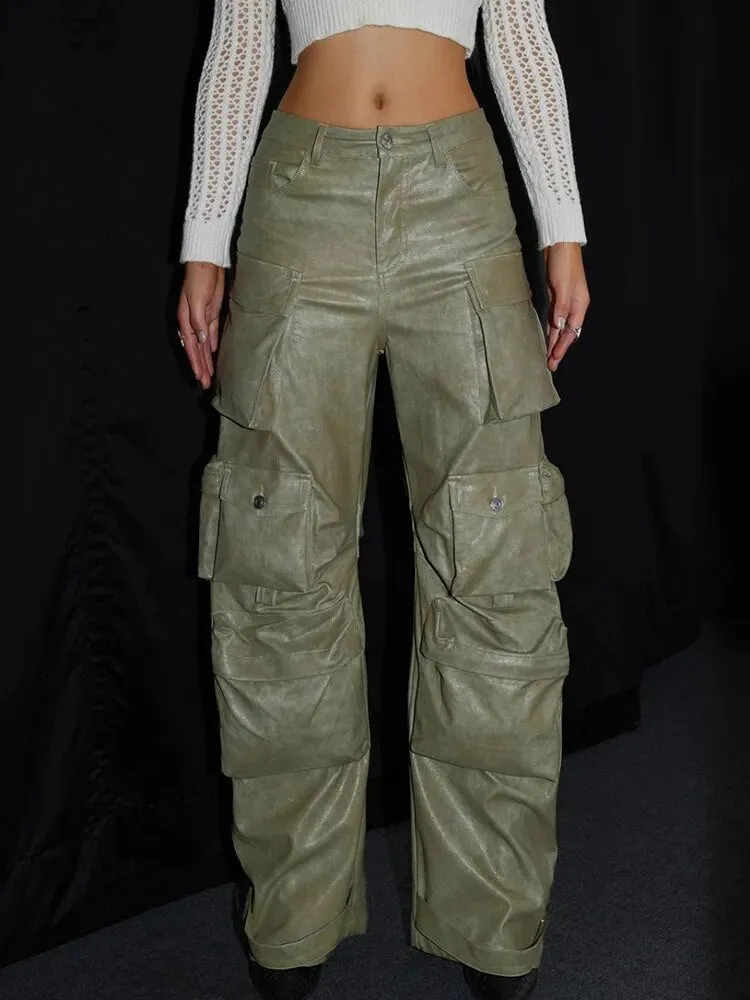 HEYFANCYSTYLE Haute Couture Leather Cargo Pants