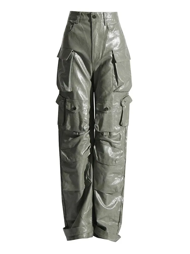 HEYFANCYSTYLE Haute Couture Leather Cargo Pants