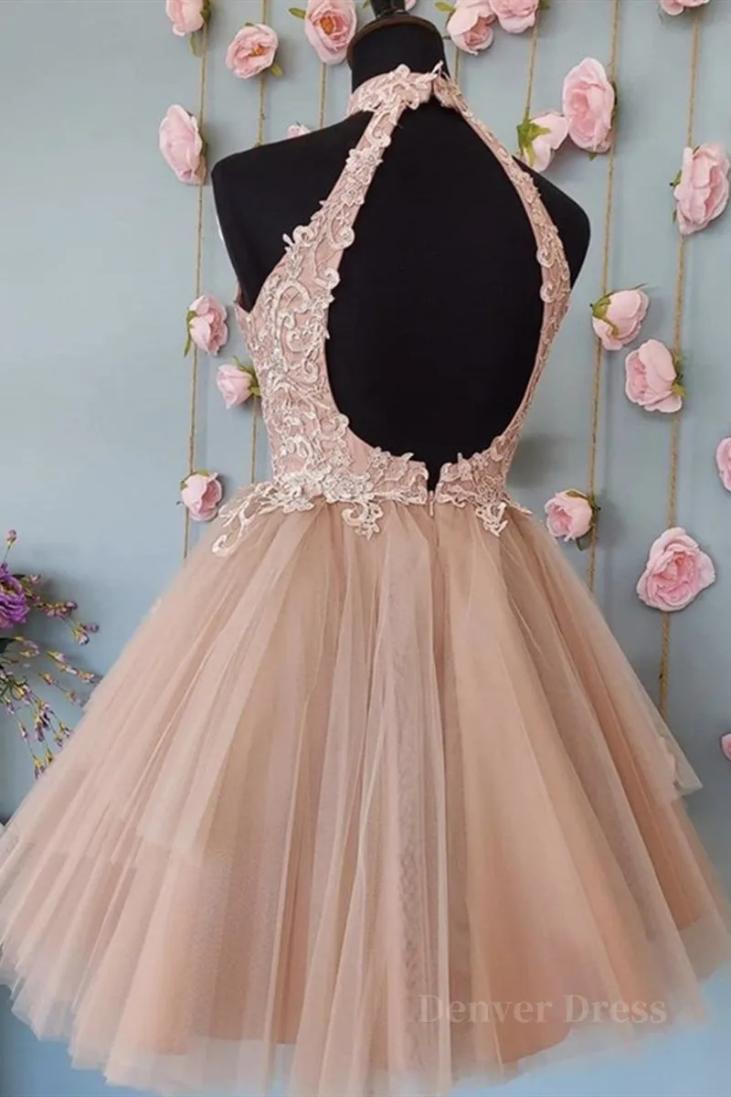 High Neck Open Back Short Champagne Lace Prom Dress Backless Champagne Lace Formal Graduation Dress Champagne Lace Homecoming Dress