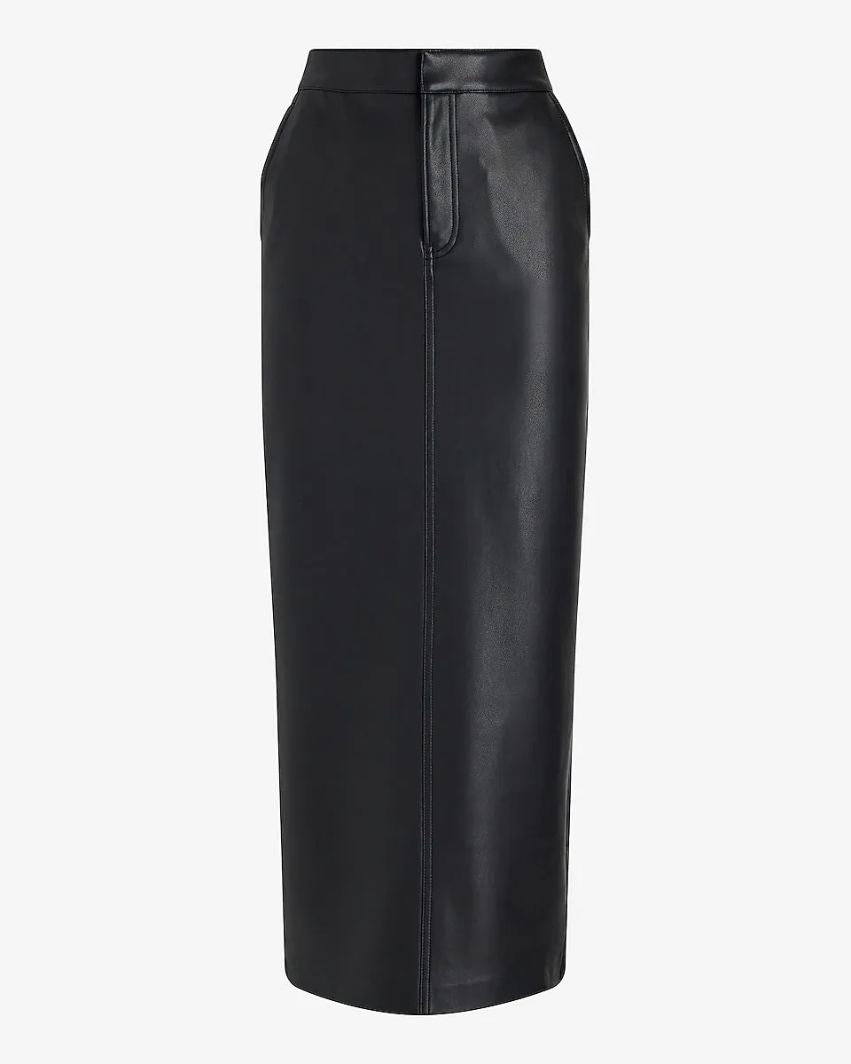 High Waisted Faux Leather Back Slit Maxi Skirt in Pitch Black