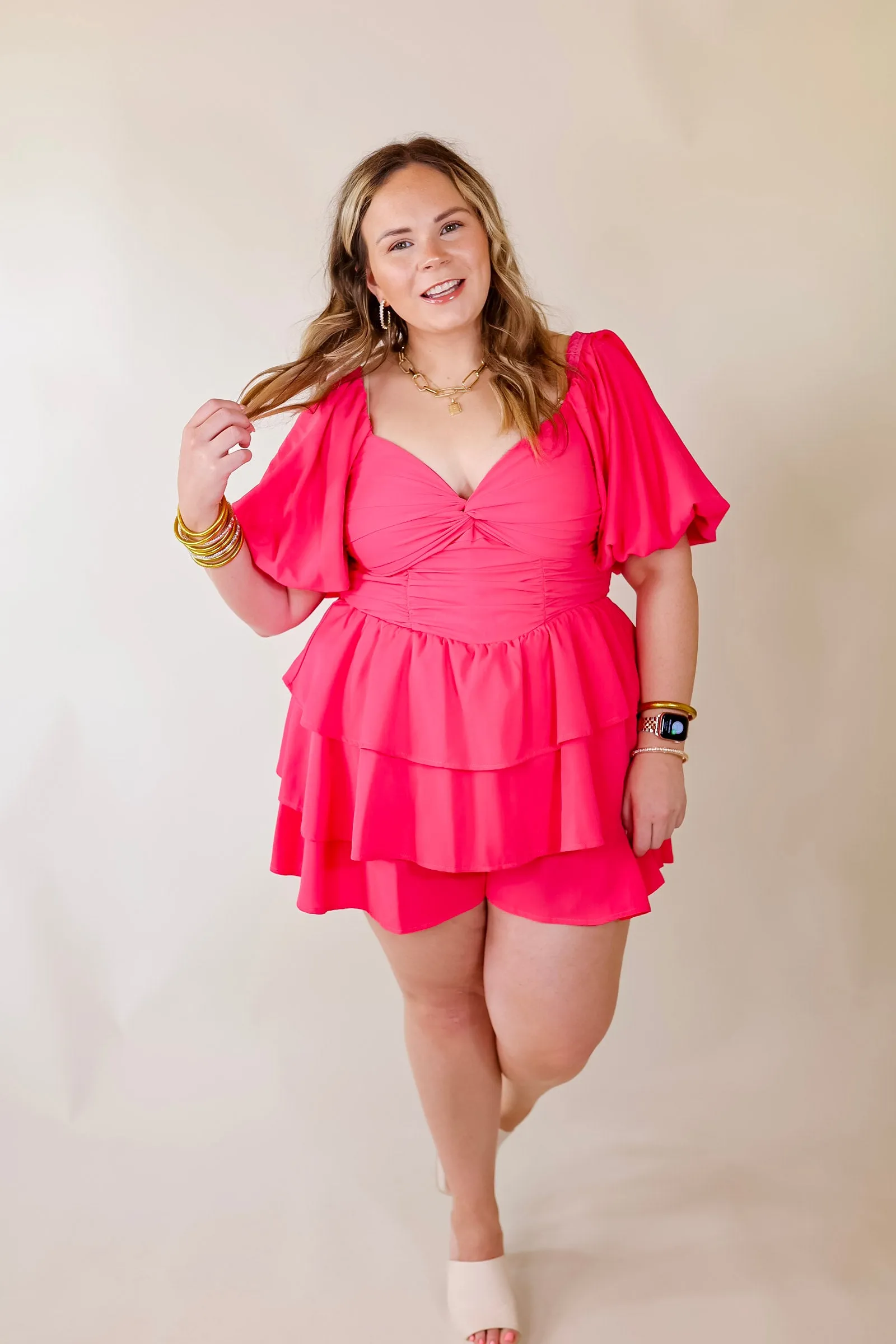 I Want It All Tiered Romper With Puffed Sleeves In Fuchsia Pink