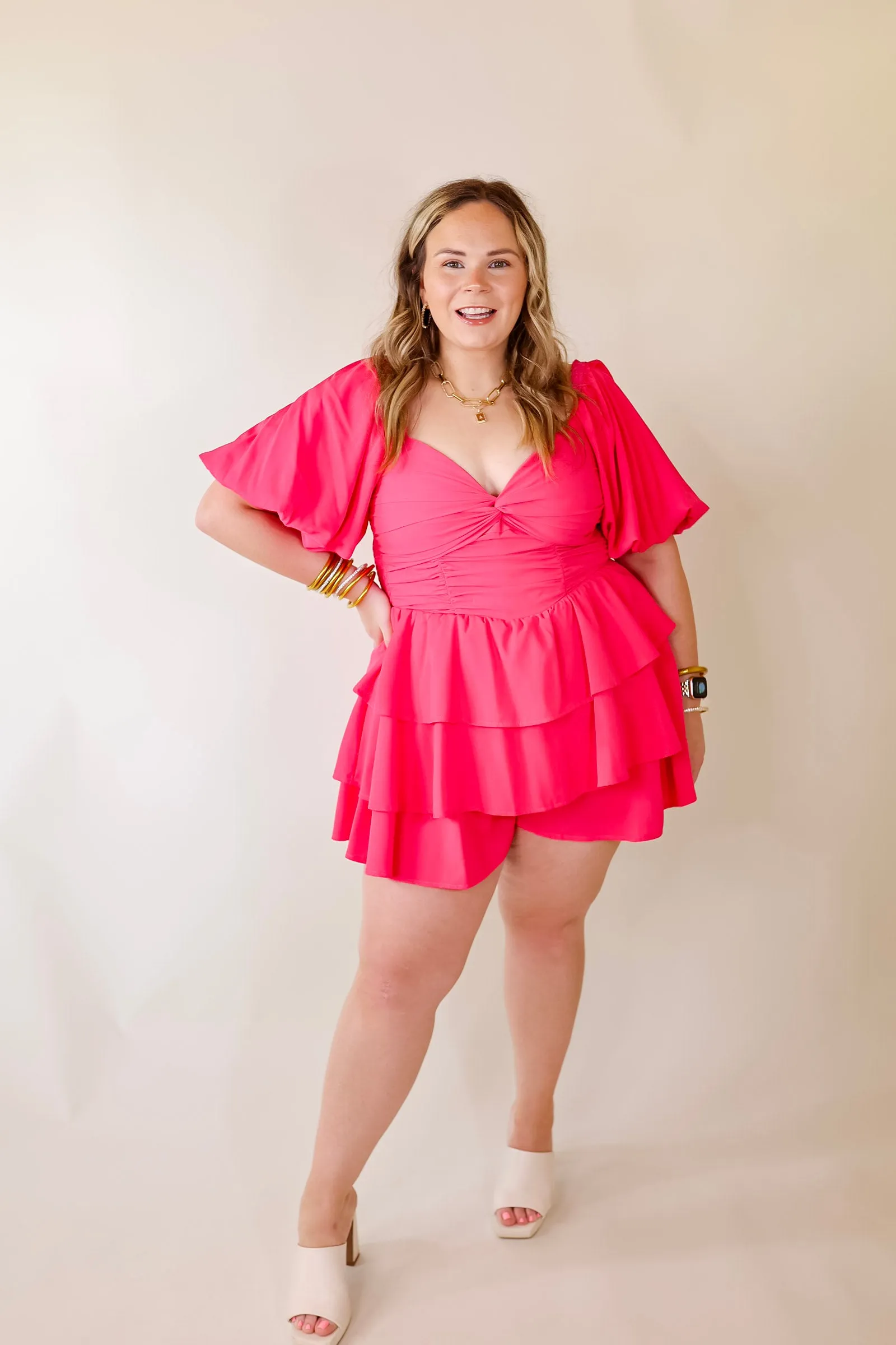 I Want It All Tiered Romper With Puffed Sleeves In Fuchsia Pink