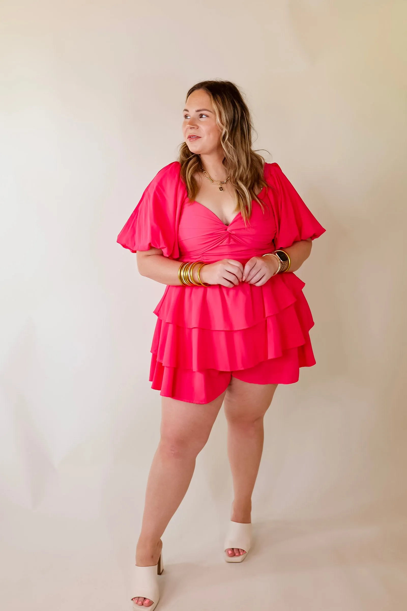 I Want It All Tiered Romper With Puffed Sleeves In Fuchsia Pink