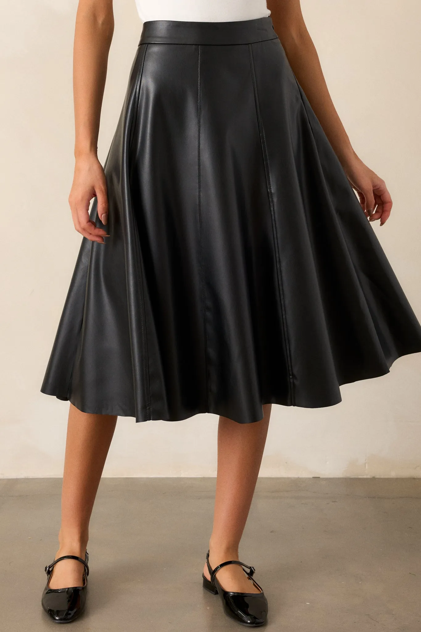 In My Memories Black Faux Leather Midi Skirt